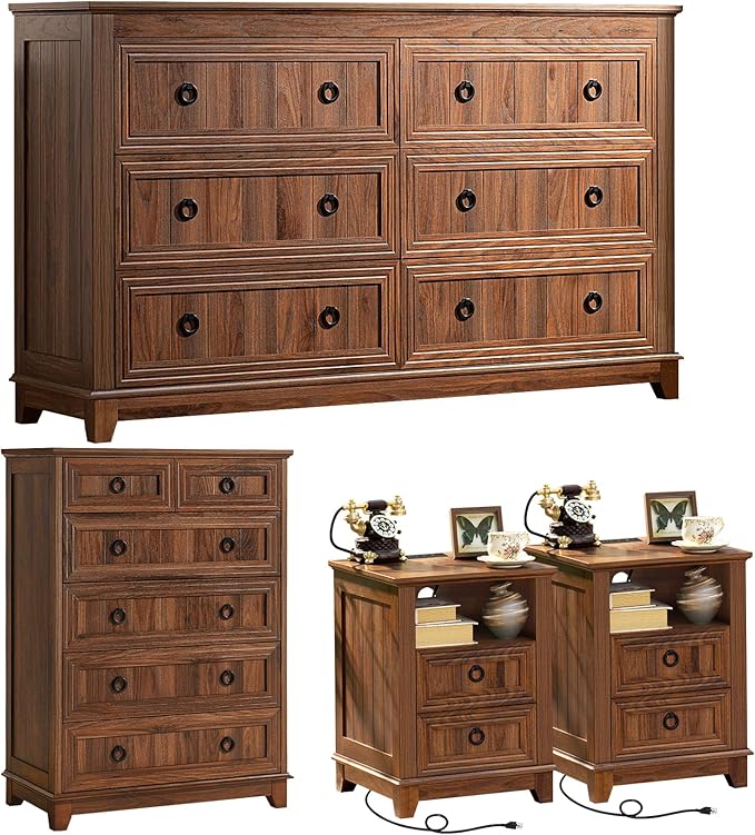 Bedroom Dresser and Nightstand Sets 4 Piece, Farmhouse 6 Drawers Dresser & 40.5" Tall Chest of Drawers,18" Nightstands with Charging Station,54" Wide Furniture Dressers for Bedroom,Living Room