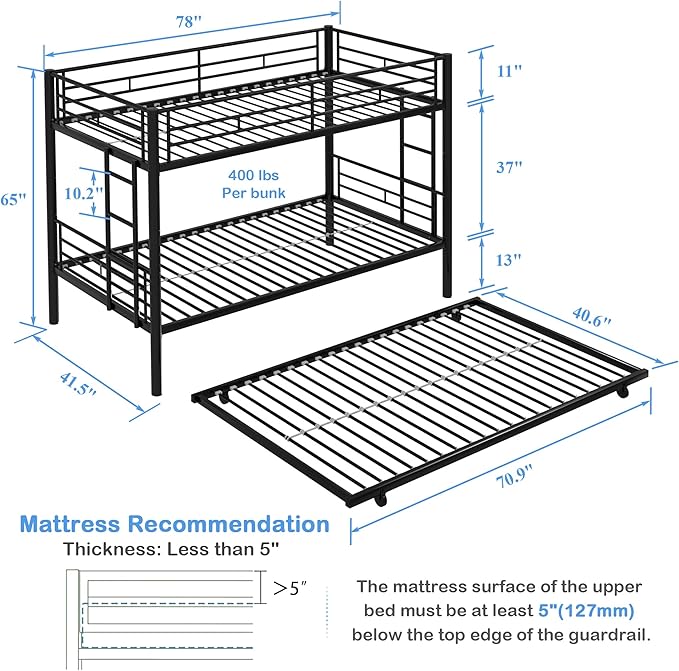 VECELO Bunk Bed Twin Over Twin with Trundle, Metal Bunkbeds with Ladder and Full-Length Guardrail, No Box Spring Needed, Space Saving, Noise Free, Black