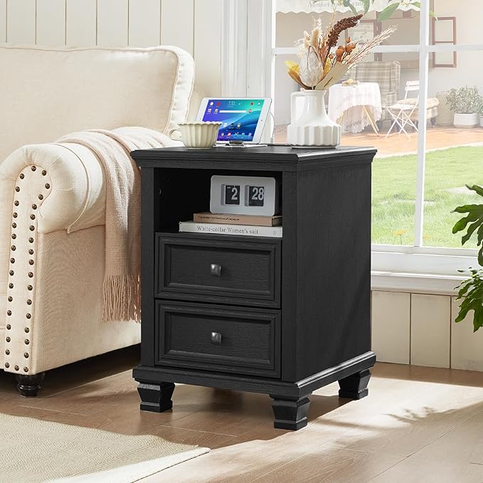 SAVOR LIFE Farmhouse Nightstand Set of 2 with Charging Station, Rustic Black Nightstand,2 Drawers End Table for Living Room,Bedside Table with Open Shelf for Bed Room,Black