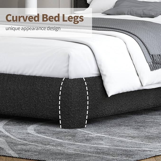 BarnFurin Boucle Upholstered California King Bed Frame/Soft Rounded Corners Headboard/Low Profile Bed Frame/No Box Spring Needed/Black