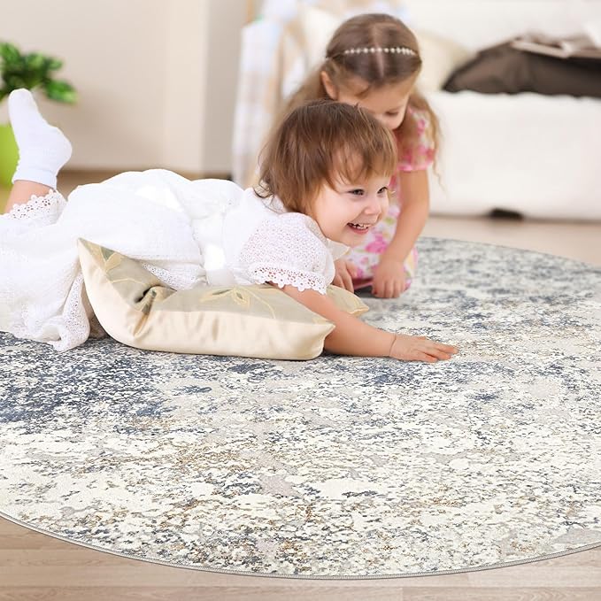 6ft Round Area Rug Living Room Rugs - 6x6 Washable Large Soft Indoor Modern Abstract Low Pile Rug Carpet for Bedroom Dining Room Farmhouse Home Office - Beige Blue