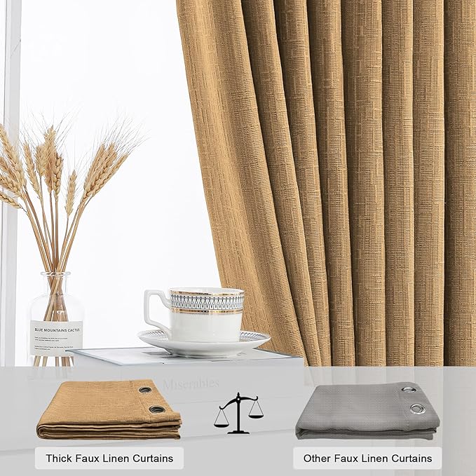 Jacquard Linen Curtains 72 inch Length 2 Panels Thick Faux Linen Blended Window Drapes Burlap Textured Curtains with Grommet for Living Room Bedroom Farmhouse (52x72 Light Coffee) Natural