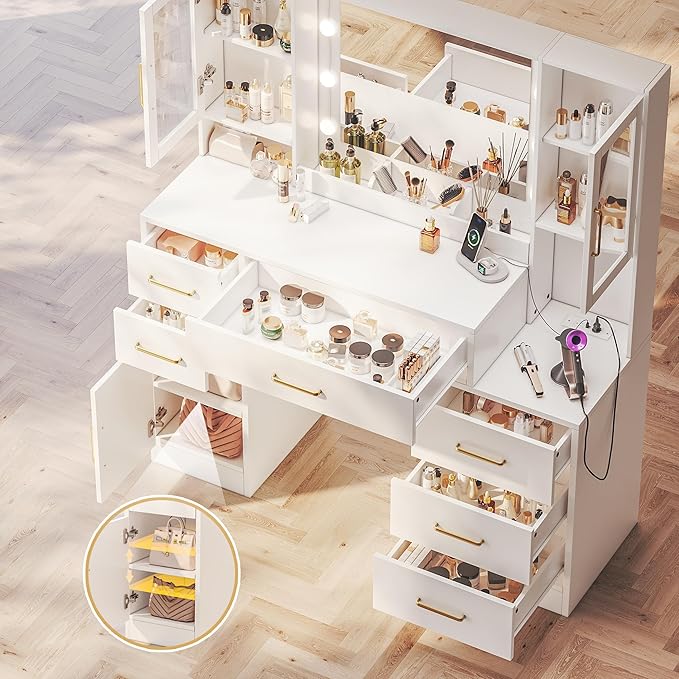 51" Vanity Desk with Mirror and Lights & Charging Station, Bedroom Dressing Table, Large Vanity Set, 6 Drawers and 2 Cabinets, Makeup Vanity Table with Charging Station, Without Stool