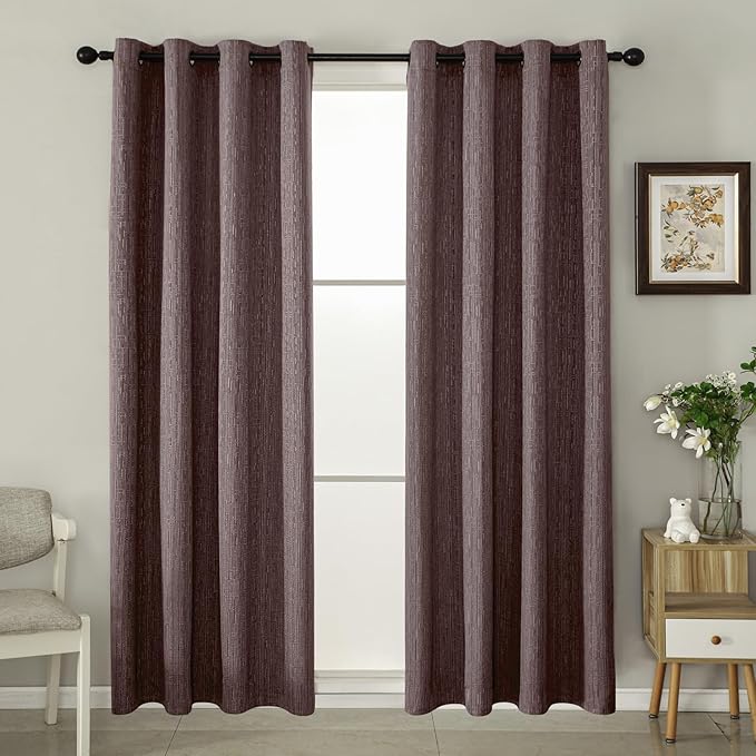 Jacquard Linen Curtains 63 inch Length 2 Panels Thick Faux Linen Blended Window Drapes Burlap Textured Curtains with Grommet for Living Room Bedroom Farmhouse (42x63 Fashion Purple) Natural