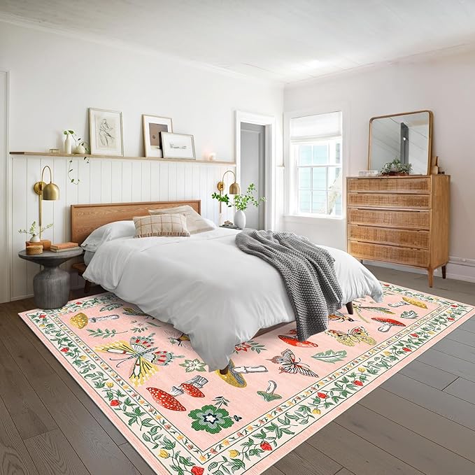 Mushroom Insect 8x10 Area Rugs, Washable Rugs for Living Room Non Slip Stain Resistant Low Pile Modern Butterfly Carpet for Bedroom Dining Room Nursery Playroom Office, Light Pink