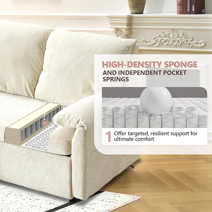 VINGLI Convertible Sofa Bed Couches for Living Room, Sleeper Sofa with Pull Out Couch Bed, Cloud-Like Plush Fleece L-Shape Sectional Couch with Storage Chaise, USB Charging, Side Pockets (Beige)