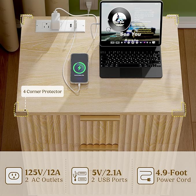 Lulive Wood 3 Drawers Dresser Fluted Night Stand with Charging Station, Storage Nightstand Modern Side Table, Bedside Table for Bedroom, Entryway Natural