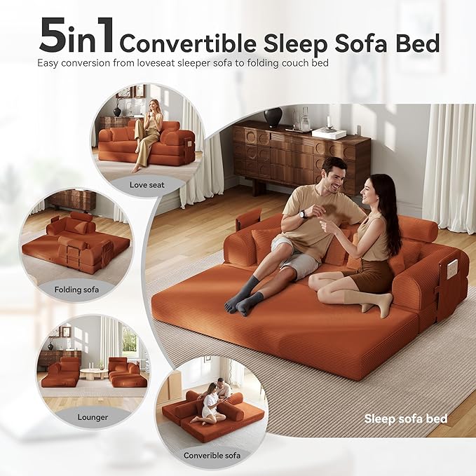 Upgrade High Backrest Design Sofa Bed with Fixed-Shape Frame & Removable Armrests and Backrest, Corduroy Fabric, Convertible Mattress Couch for Small Spaces - No Assembly Needed (High Backrest Orange)