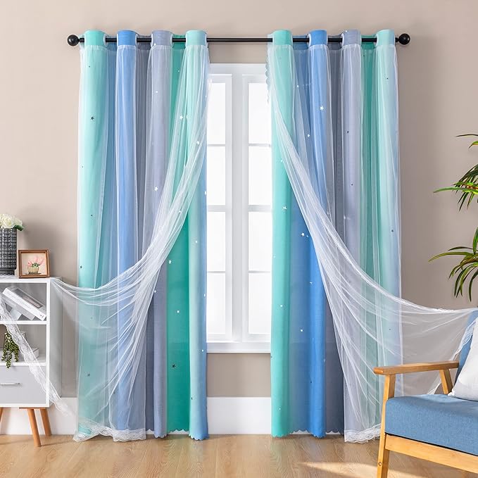 XiDi Dream Star Blackout Curtains for Kids Rooms Girl Princess Curtain for Daughter Bedroom Window (Blue Green Grey, W52 X L84)