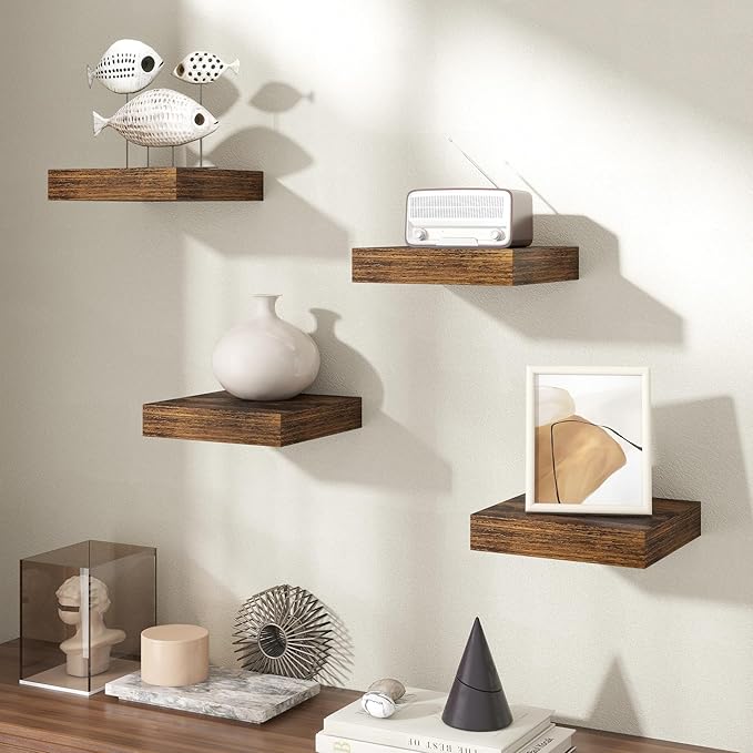 Axeman Square Floating Shelves for Wall, 8" W x 8" D x 1.4" H Rustic Wooden Wall Shelves, 4 Pack Wall Mounted Floating Shelf with Invisible Brackets for Living Room, Bathroom, Kitchen, Rustic Brown