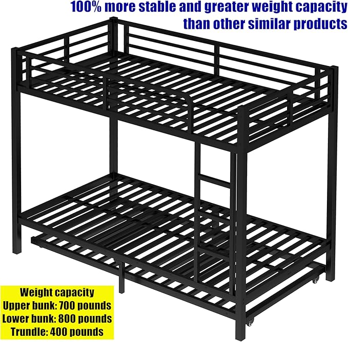 LUCALEO Stronger & Truly Reinforced Heavy Duty Metal Bunk Bed Twin XL Over Twin XL Size Bunkbed, Thickened More Stable & Safer Steel Bunk Bed Frame with Twin Size Trundle (Greater Weight Capacity)