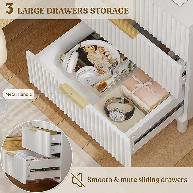 Lulive Wood 3 Drawers Dresser Fluted Night Stand with Charging Station, White Storage Nightstand Modern Side Table, Bedside Table for Bedroom, Entryway White