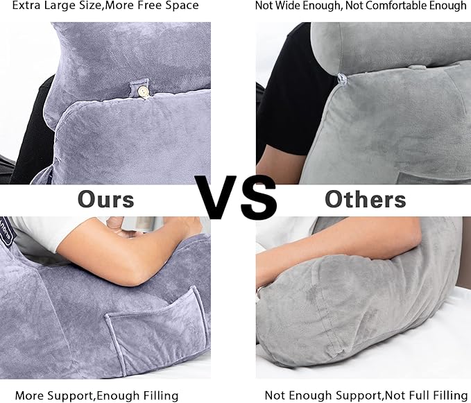 Reading Pillow-Extra Large 31" Bed Rest Pillow with Detachable Neck Roll & Arms for Sitting in Bed or Couch-Backrest Reading Pillow Adult Back Pillows for Reading/Watching TV/Gaming/Relaxing-Grey