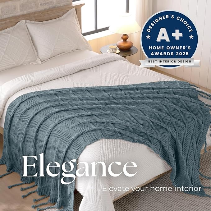 Boho Knitted Chenille Blanket with Tassels - Lightweight & Soft All-Season Throw - 3D Classic Pattern for Living Room Bedroom Couch, Celestial Blue, Throw 50"x60"