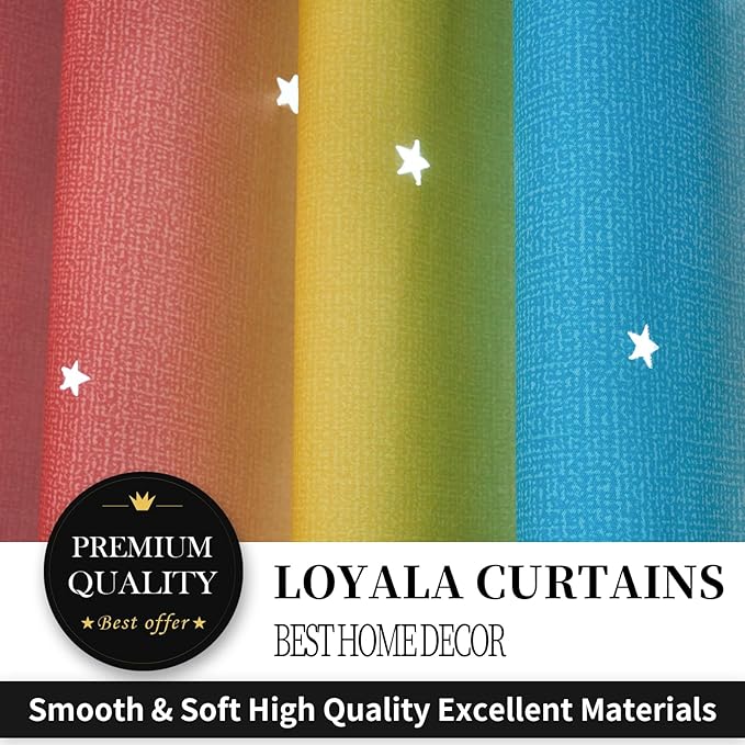Star Blackout Curtains for Bedroom - Rainbow, 84 Inches Long, 2 Panels - Red, Yellow & Blue