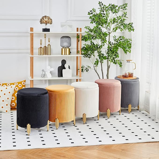 Mxfurhawa Round Ottoman Foot Stool with Storage and Metal Legs for Living Room Bedroom, Velvet Upholstered Footrest Stool Support 300lbs Modern Padded Seat Ottoman Coffee Table (Black)