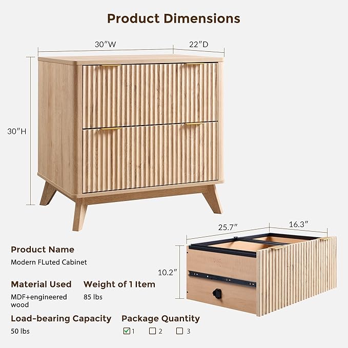 T4TREAM Modern Fluted Sideboard Buffet Cabinet with Drawers Storage, 30" Modular Accent Cabinet for Credenza, Entryway & Hallway, Natural Oak