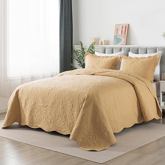 HoneiLife Embroidered Quilt King Size - 3 Pieces Microfiber Quilt Sets Lightweight Bedspreads Reversible Coverlets Retro Bed Cover Paisley Pattern Bedding Set All Season Quilts-Yellow