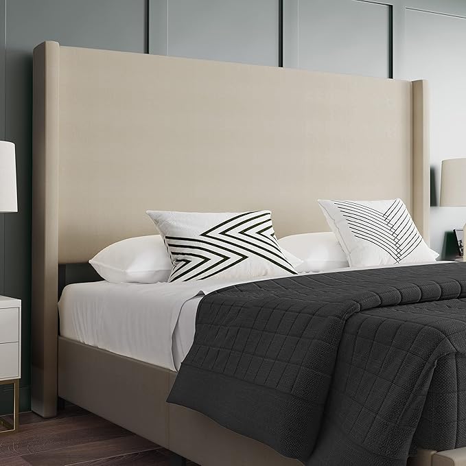 EMMA + OLIVER Nora King Size Faux Linen Upholstered Platform Bed with Plush Padded Wingback Headboard (No Box Spring Needed), Modern Upholstered Headboard King Bed Frame, Beige