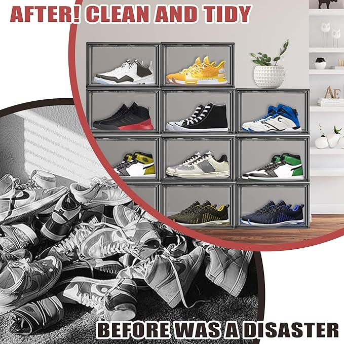 4 Pack Grey Large Shoe Storage Boxes Clear Plastic Stackable Shoe Display Case with Magnetic Door, Easy Assembly Fit up to US Size 13