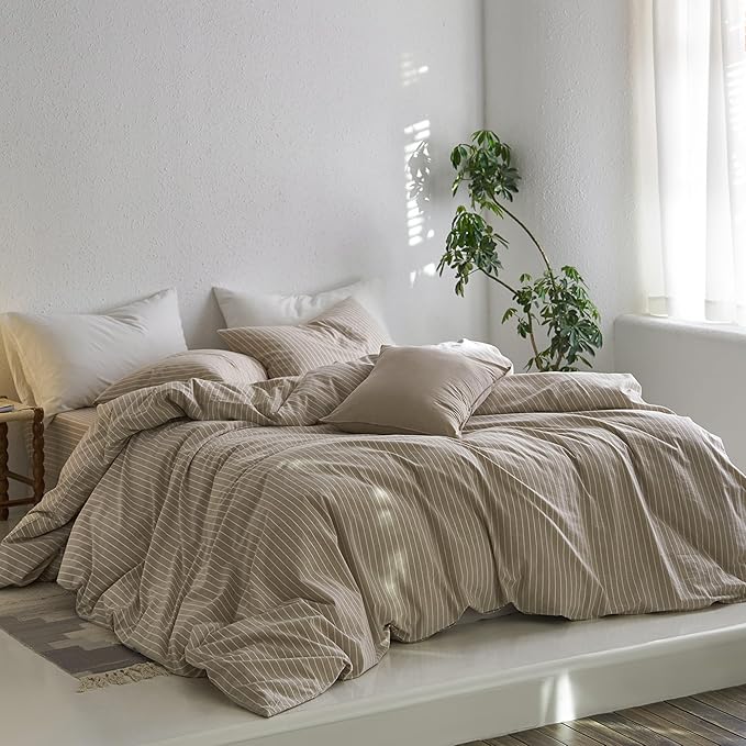 MooMee Striped Duvet Cover Set 100% Washed Cotton Linen Like Textured Breathable Durable Soft Comfy (Tannish Linen Grey White Wide Stripes, Alaska King 132"x120")