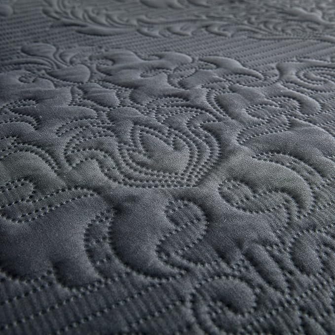 CHIXIN Bedspread Coverlet Quilt Set Full Size - Lightweight Bedding Cover - Ultrasonic Quilting - 5 Piece Reversible Bedspread - Elegant Damask Paisley Pattern (Full, Dark Grey)