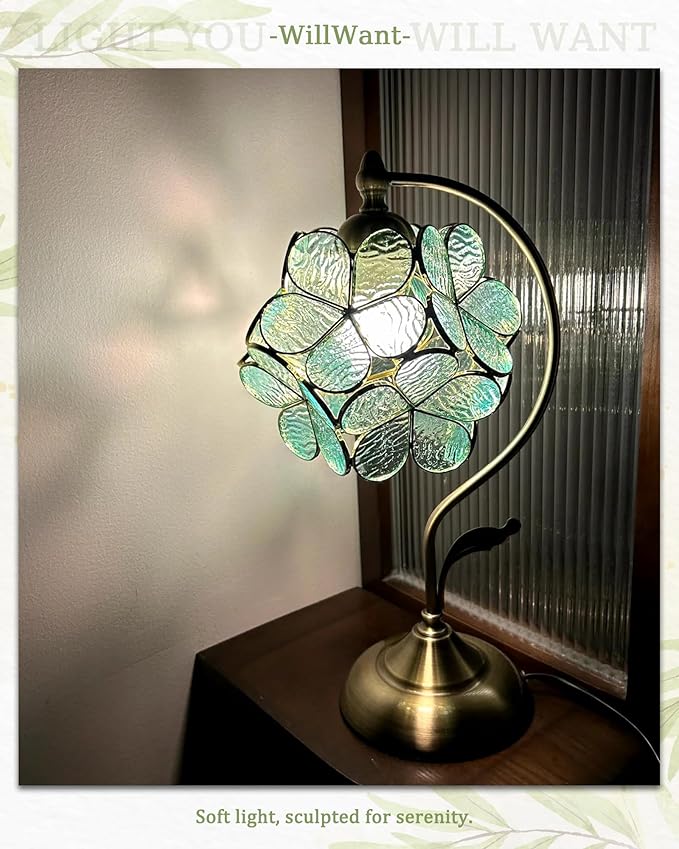 Tiffany Style Flower Table Lamp, Vintage Cherry Blossom Stained Glass Lamp with Brass Base for Bedroom Bedside Home Decor, Vintage Mint (Blue-Green)