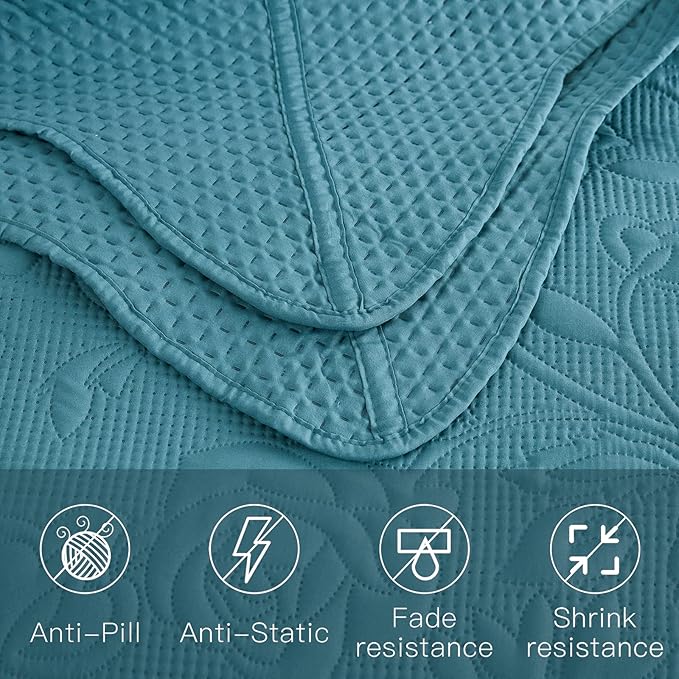 CHIXIN Bedspread Coverlet Quilt Set Full Size - Lightweight Bedding Cover - Ultrasonic Quilting - 5 Piece Reversible Bedspread - Vintage Rose Pattern (Full, Lagoon)