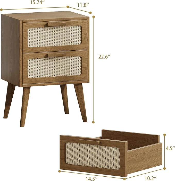YAUKOMEL Rattan Nightstand Set of 2,Mid Century Modern Bedside with Drawers,End Table, Side Table with 2 Hand Made Rattan Decorated Drawers for Livingroom,Bedroom,Caramel Oak CTG59BR-2
