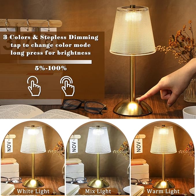Liliful 2 Pcs Cordless Table Lamp Rechargeable Touch LED Small Gold Portable Battery Operated USB-c Desk Lamp 3 Color Dimmable for Bedroom Living Room Dining (Gold,Retro Style)