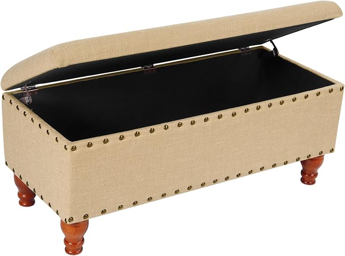 HomePop Large Rectangle Storage Bench with Nail Head Trim - Tan Linen