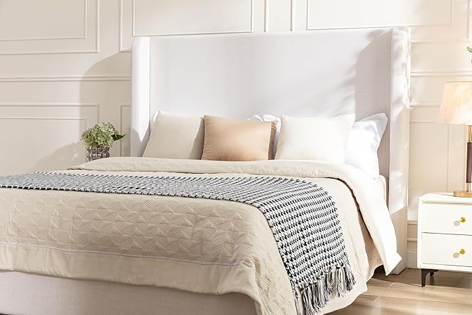 King Size Upholstered Platform Bed with 54" Tall Wingback Headboard/Elegant Upholstered Bed Frame Without Wooden Slats/Box Spring Required/Easy Assembly/Textured Ivory Canvas