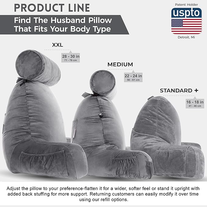 Husband Pillow XXL - Reading Pillow Bed Chair with Arms & Back Support - Dark Grey - Back Pillow for Sitting Up - Bed Rest Arm Pillow - Comfy Reading Pillow for Adults