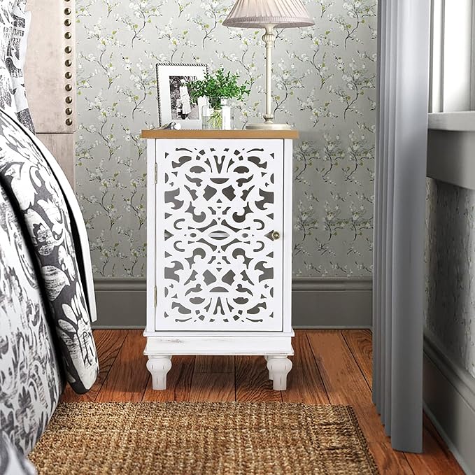 PHI VILLA Small Accent Storage Cabinet with Single Door - Decorative Nightstand for Living Room Bedroom, End Side Table Cabinet White