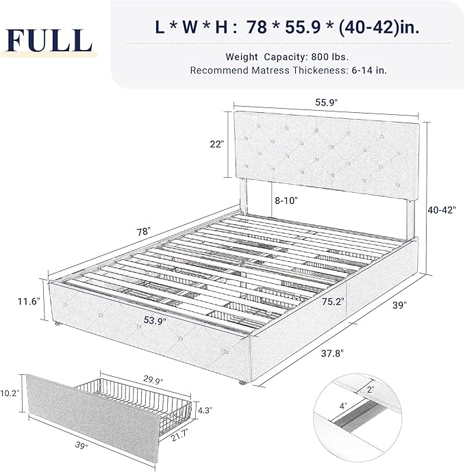 Allewie Upholstered Full Size Platform Bed Frame with 4 Storage Drawers and Headboard, Diamond Stitched Button Tufted, Mattress Foundation with Wooden Slats Support, No Box Spring Needed, White