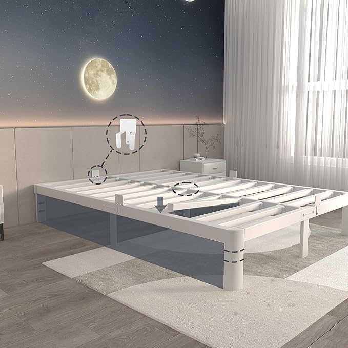 ITIMIDI 10 Inch White Bed Frame Queen, Queen Size Metal Platform Bed Frames with Metal Gaskets, Heavy Duty Steel Support 3000 LBS, No Box Spring Needed, Anti-Slip Mattress Stopper, Easy Assembly
