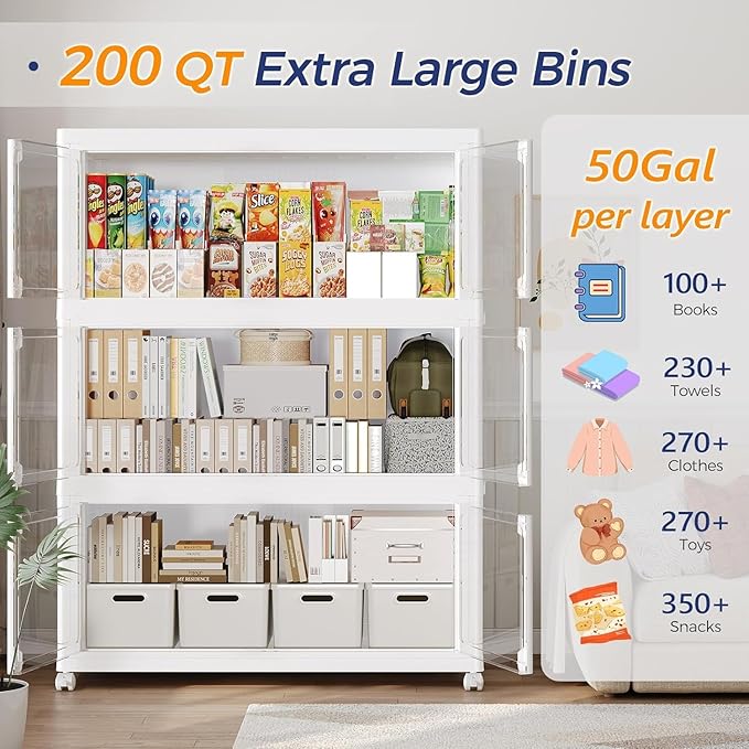 200GAL Large Stackable Storage Bins with Lid and Wheels, 800Qt Collapsible Organizer Cabinet with Clear Door, for Closet, Bedroom, Kitchen, Garage, 4-Pack White