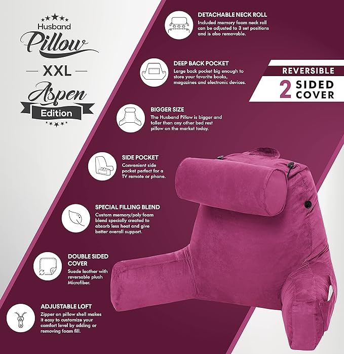 Husband Pillow XXL Aspen Edition - Adult Reading Bed Rest Pillow with Arms & Detach Neck Roll on Bungee Cord - Premium Memory Foam, Reversible 2 Sided Covers Micro Suede or Plush, Sliding Raspberry