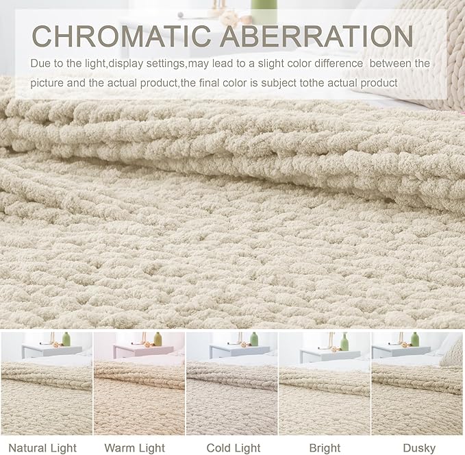 Chunky Knit Throw Blanket 60"X 80", 100% Handmade with Soft Chenille Yarn, 6.7lbs Thick Cable Knitted Blankets, Large Rope Knot Crochet Throws for Couch Sofa Bed Home Decor, Beige