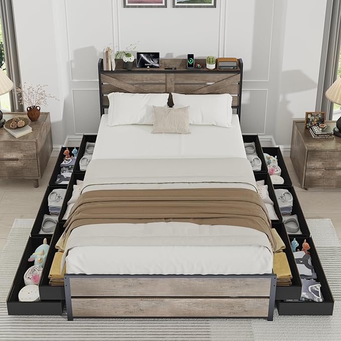 Queen Size Wooden Bed Frame with 12 Storage Drawers and Headboard, Farmhouse Platform Bed Frame with Charging Station, No Box Spring Needed, Stable and Solid, Noise Free. (Oak, Queen)