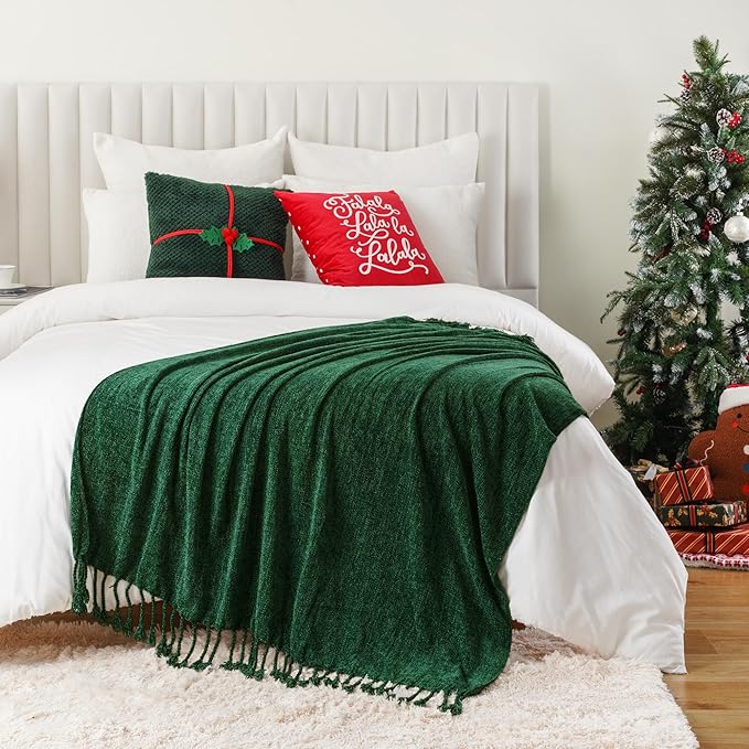BATTILO HOME Chenille Knit Throw Blanket for Couch, Soft Cozy Christmas Green Knitted Throw Blanket with Fringe, Lightweight Blanket for Christmas Decoration, 50"x60"