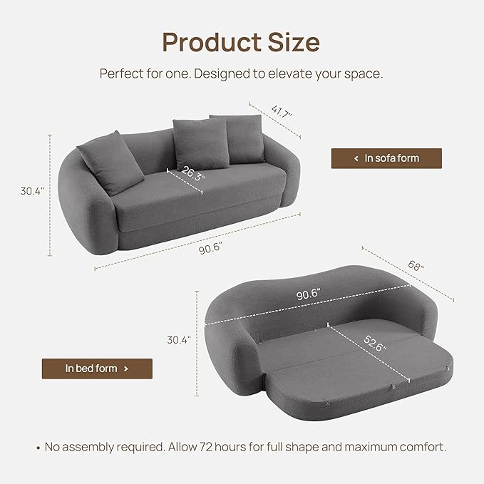 SICOTAS Curved Sofa Couch Bed for Living Room Convertible Futon Cloud Boneless Sleeper Chair Pull Out Floor Couch with Deep Seat Sofa Set Foam No Assembly Required for Bedroom Apartment, Dark Grey