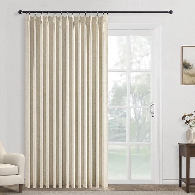 Topfinel Extral Wide Curtains, Cream Pinch Pleated 100% Blackout Linen Luxury Drapery with Hooks for Patio Sliding Door Large Window Living Room Track System, 72" Wx102 L 1 Panel