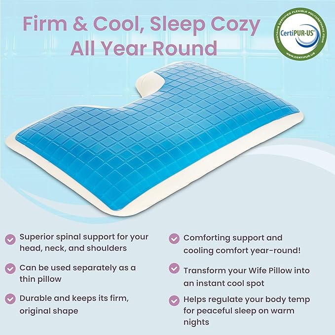 Wife Pillow - Insert Topper Only, Firm Cooling Gel / 80D Memory Foam Topper for Pillow That Stays Cold. Thin for Stomach Sleeper. Ergonomic, Neck U Shaped Cutout. Firm High-Density Layer Support