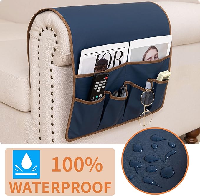 HAOMAIJIA Anti Slip Sofa Armrest Organizer Arm Chair Bedside Caddy Storage Organizer For Recliner Couch With 6 Pockets For Cell Phone Tv Remote Control (Navy Blue, 31.89 inches × 18.5 inches)