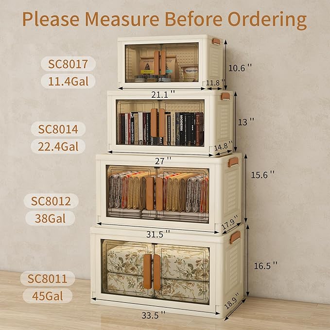 Plastic Stackable Storage Bins with Lids and Wheels, 358.4QT-89.6QT*4Tier Foldable Closet Organizers and Containers, Collapsible Clear Drawer Storage Cabinet with Doors Ivory White