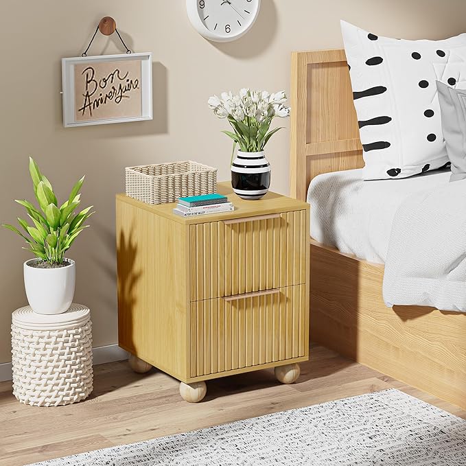 Fluted Nightstand Set of 2, Natural Oak Finish Bedside Table with Spacious Storage Drawers, Night Stand with Solid Wood Round Legs for Bedroom, End Table, Side Table