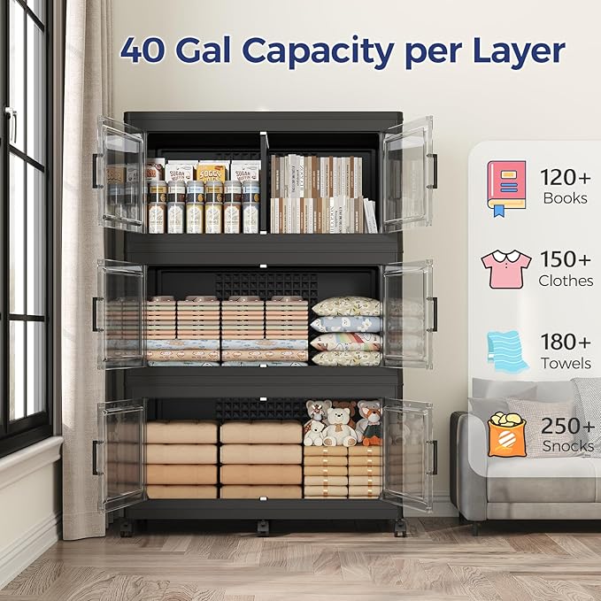 200GAL Storage Bins with Lid and Wheels, Stackable Closet Organizers and Storage Drawer, Collapsible Storage Box with Dividers, Foldable Plastic Cabinets for Room, Kitchen, 5 Pack Black
