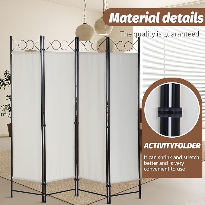 FDW 4 Panel Room Divider and Folding Portable Partition Screen, 6FT Wall Divider Screen for Dorm Bedroom Office, Cream