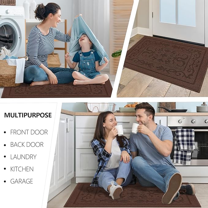 FONEYI Indoor Door Mat, Front Back Door Mat 36" x 59" Non-Slip Rubber Backing Door Rug, Machine Washable Entry Rug, Low Profile Absorbent Dirt Trapper Doormat Inside Floor Mats for Entryway, Coffee